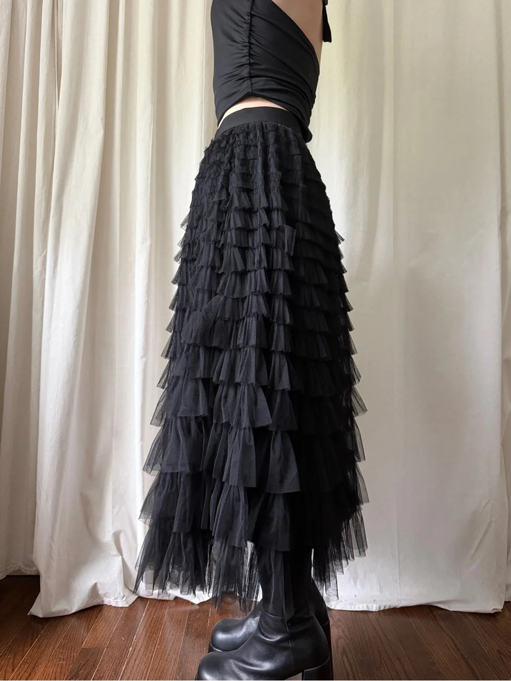 Black Tiered Ruffle Maxi Skirt Size Women's Size Large | Goth Avant Garde